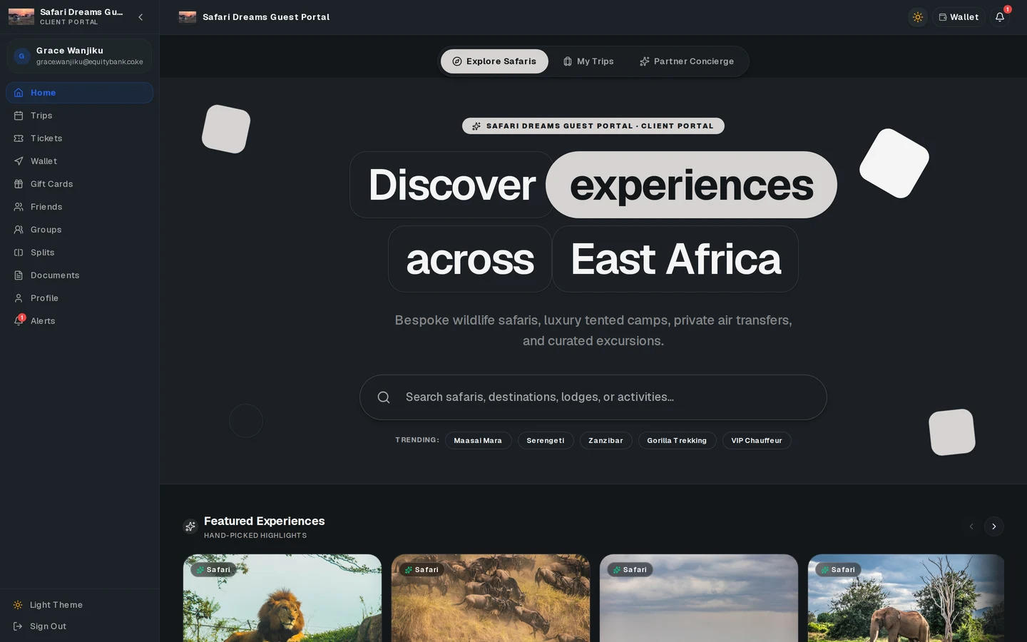 Fika traveler portal home with automated trip countdown